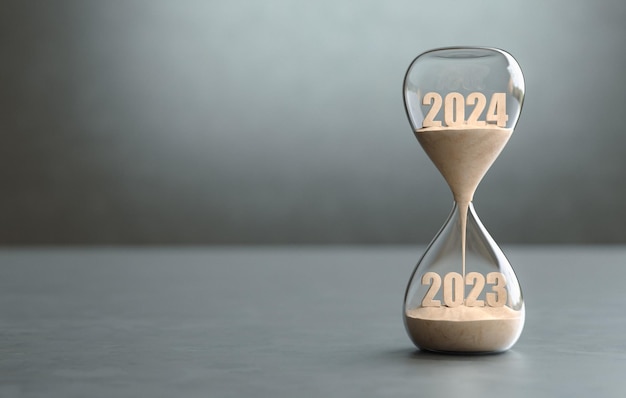 Foto gratuita nuovo anno 2024 il tempo del 2023 si sta esaurendo nella clessidra