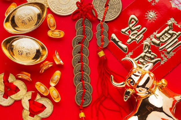 Бесплатное фото Новый год китайский 2021 золотой бык и счастливые деньги