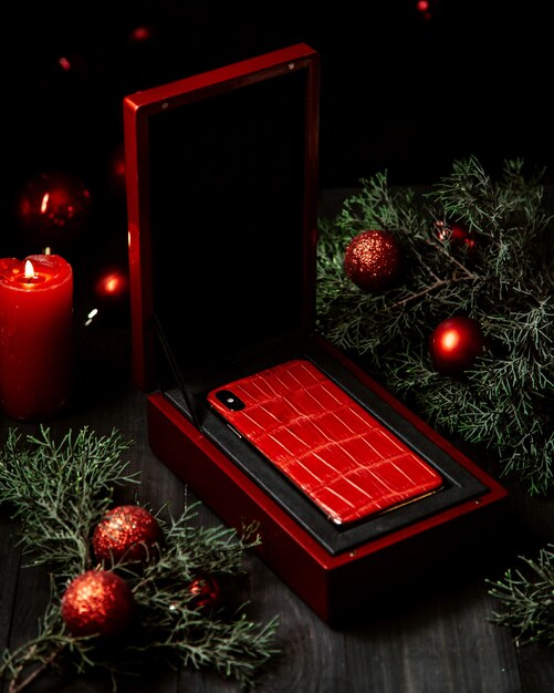 New year present  phone in red box  side view