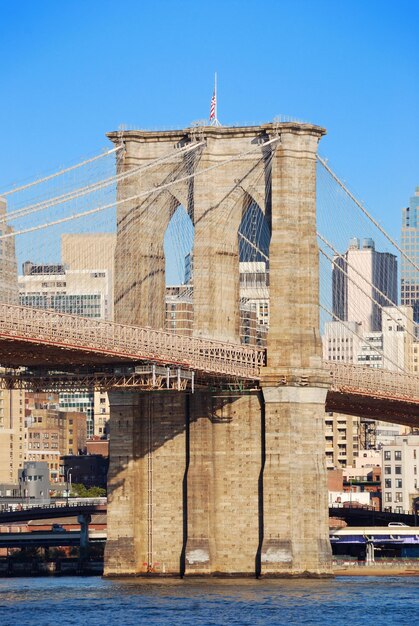 Бруклинский мост Нью-Йорка в крупном плане Манхэттена с небоскребами и горизонтом города над рекой Гудзон.
