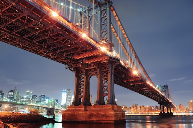 New York City Manhattan Bridge closeup with downtown skyline over East River.