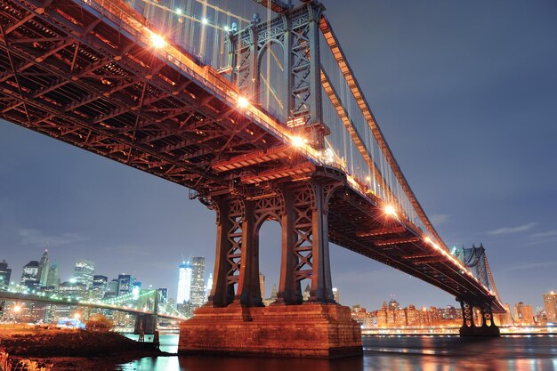 New York City Manhattan Bridge closeup with downtown skyline over East River.