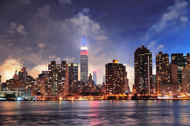 夕暮れ時のニューヨーク市マンハッタンのミッドタウンのパノラマとイーストリバーに照らされた高層ビル