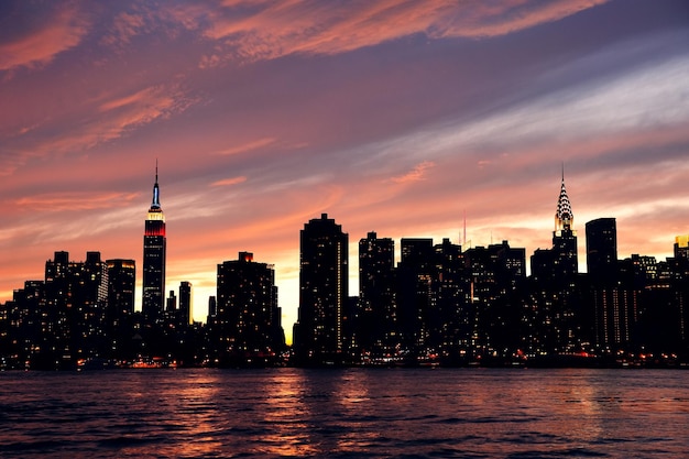 Panorama della siluetta del centro di manhattan di new york city al tramonto con i grattacieli ed il cielo variopinto sopra l'east river