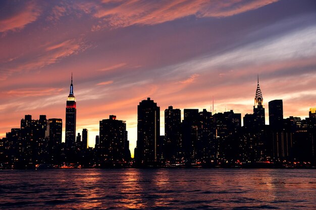 New York City Manhattan midtown silhouette panorama at sunset with skyscrapers and colorful sky over east river