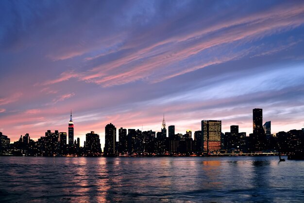 New York City Manhattan midtown silhouette panorama at sunset with skyscrapers and colorful sky over east river