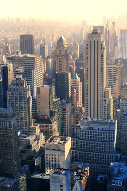 New York City skyscrapers in midtown Manhattan aerial panorama view at sunset.
