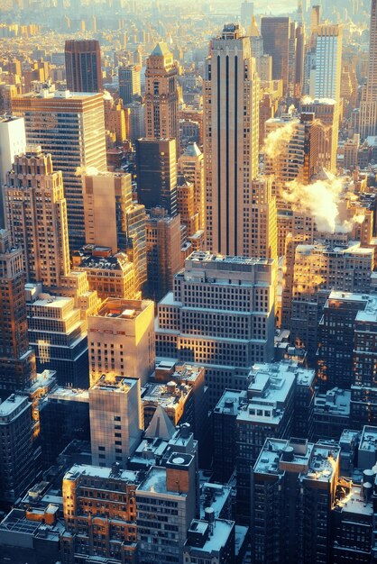 New York City skyscrapers rooftop urban view.