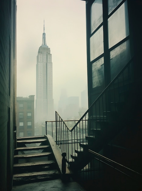 New york empire state building on a foggy day