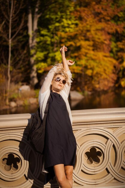 New York Manhattan Central Park in autumn, bridge over the lake. young woman walks in an autumn park in New York.