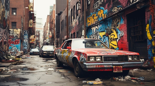 放棄された車のあるニューヨークの街路