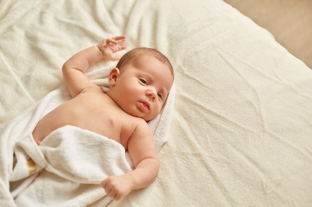 Newborn baby after shower wrapped in towel lying on bed on white blanket, infant looking away, charming kid with soft skin after bathroom, relaxed child.
