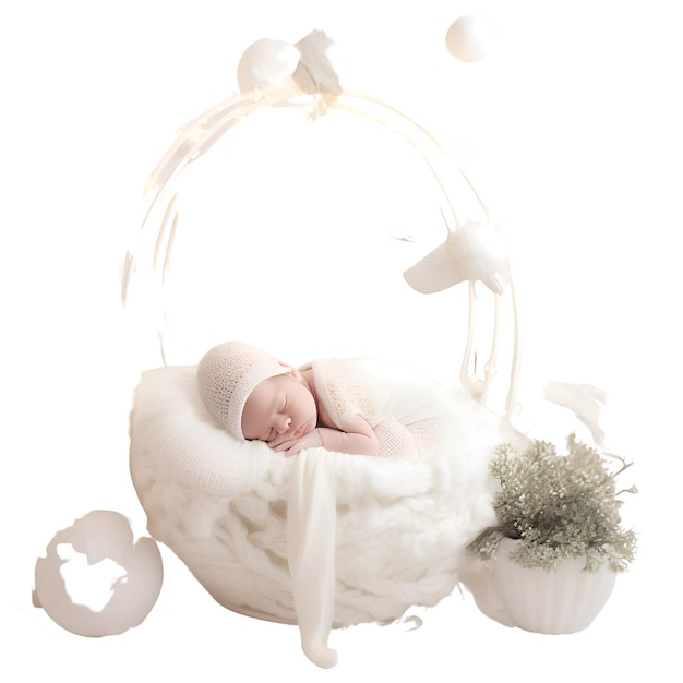 Newborn baby sleeping in a basket on a white background isolated