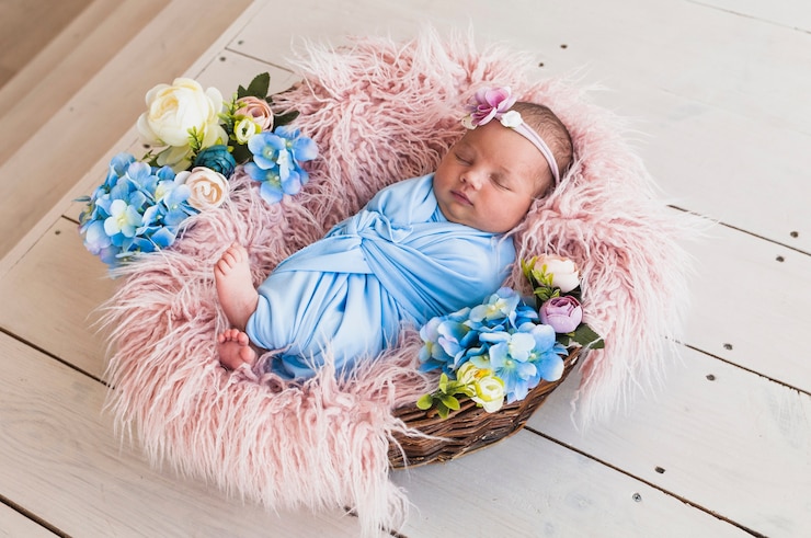 Free Photo newborn baby sleeping in basket