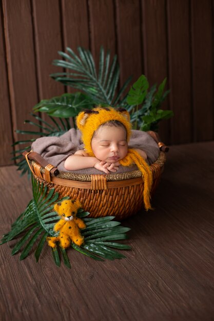 Newborn little cute and likeable baby boy laying in little cute yellow animal shaped hat inside brown basket along with green leafs in wooden brown room