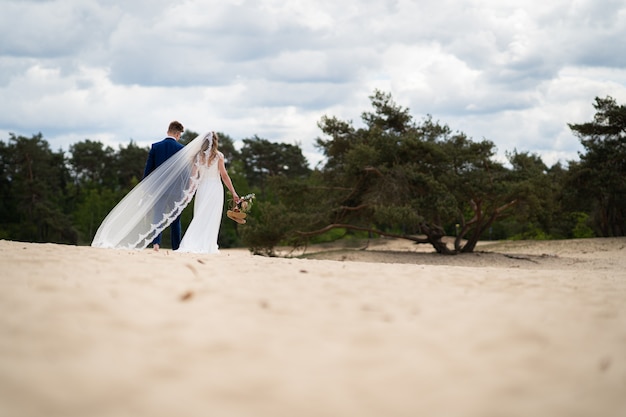 Free photo newlywed bridal couple walks to a picnic spot to enjoy life and celebrate with a bottle of wine