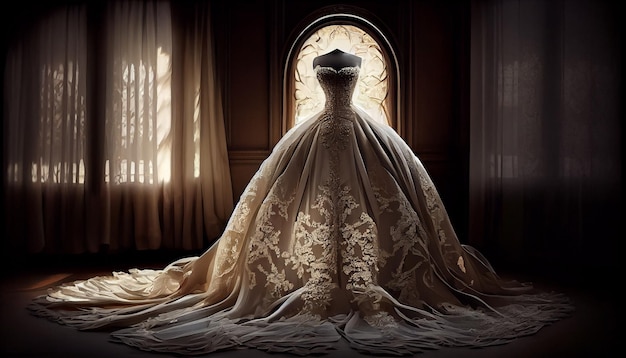Newlywed bride in elegant wedding dress indoors generated by AI