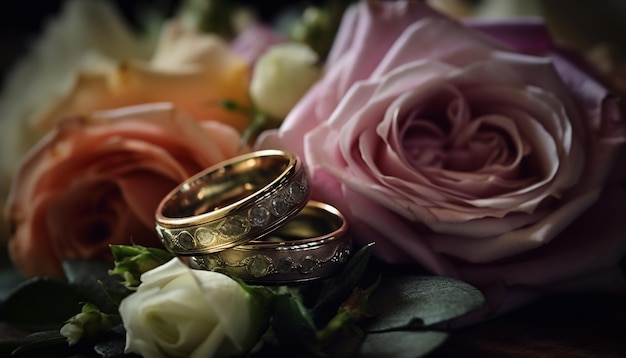 Newlywed couple celebrates love with gold rings generated by AI