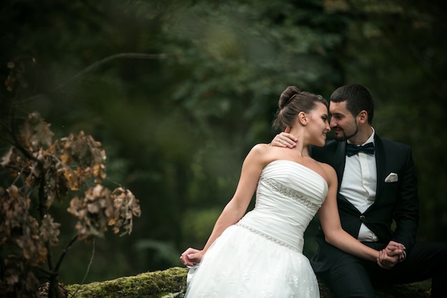Newlyweds looking into their eyes with a forest in the background