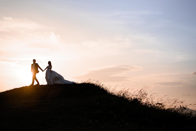 空の風景の上にポーズをとる新婚夫婦