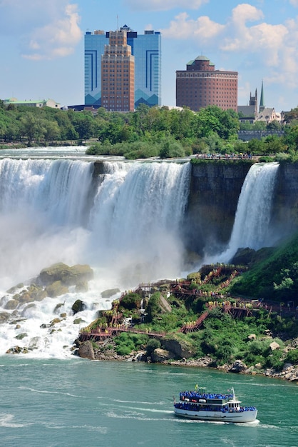 Niagara Falls closeup in the day over river with rocks and boat