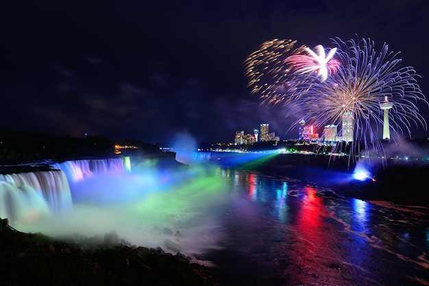 Niagara Falls lit at night by colorful lights with fireworks