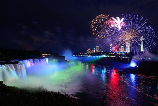 Niagara Falls lit at night by colorful lights with fireworks