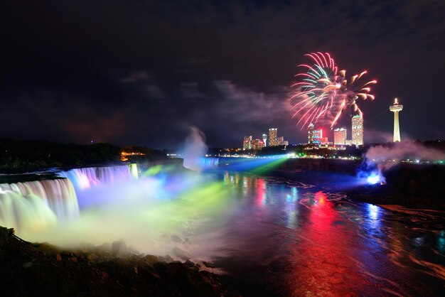 Niagara Falls lit at night by colorful lights with fireworks