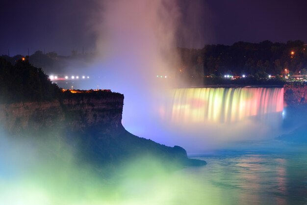 Niagara Falls lit at night by colorful lights