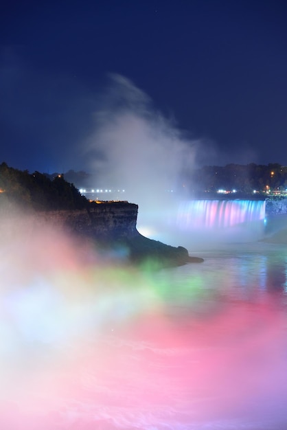 Niagara Falls lit at night by colorful lights