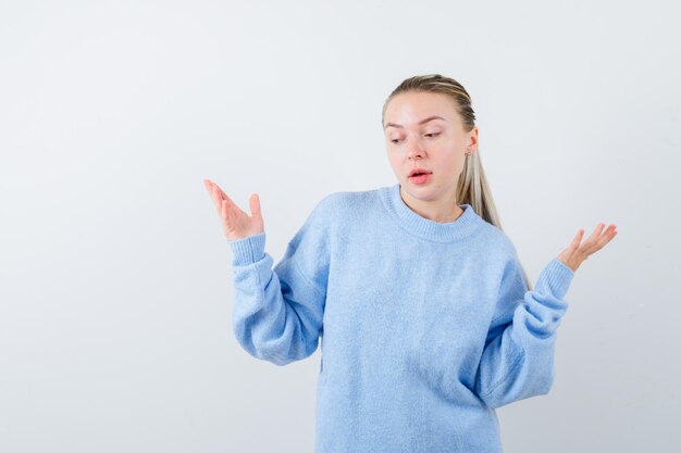 The nice girl is showing her instability reaction on white background