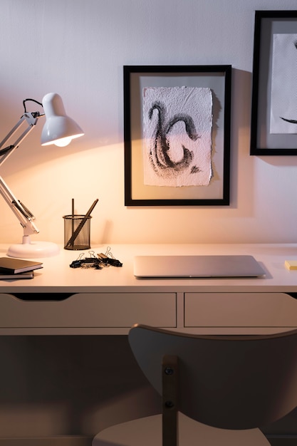 Nice and organised workspace with lamp