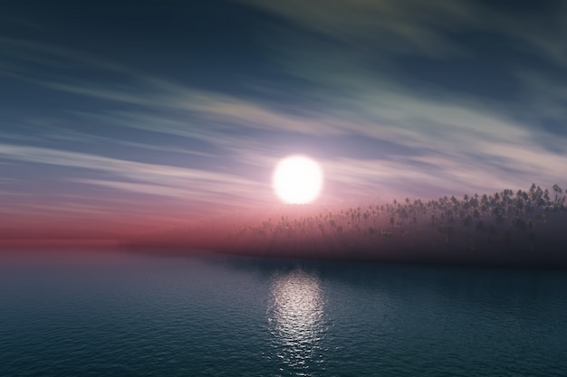 Foto gratuita il rendering 3d di un isola palma contro un cielo nebbioso tramonto