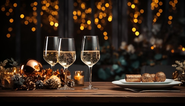Ночь праздника вина и деликатесов на деревянном столе, созданная искусственным интеллектом
