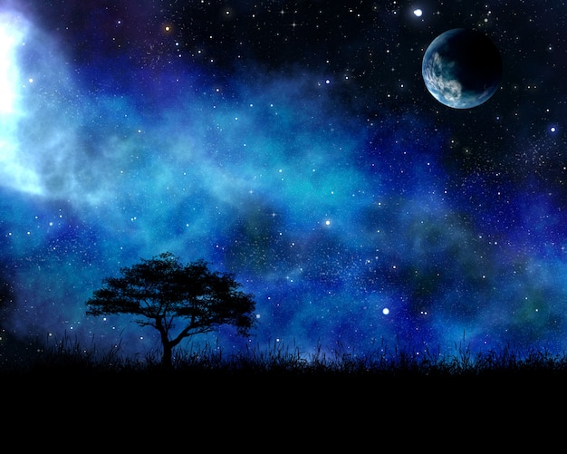 ночной пейзаж с деревом на фоне космического неба