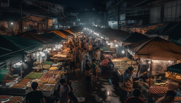Night market vendors selling traditional street food generated by AI