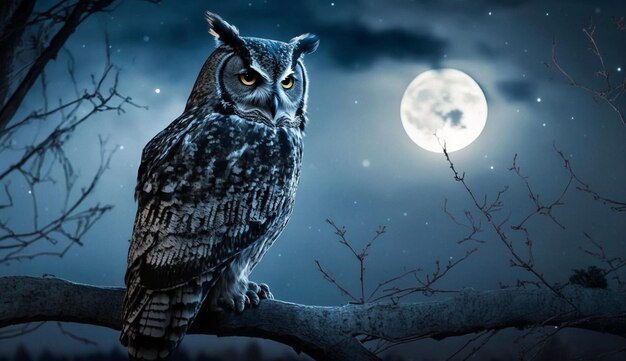 Night owl perched on spooky tree branch generative AI