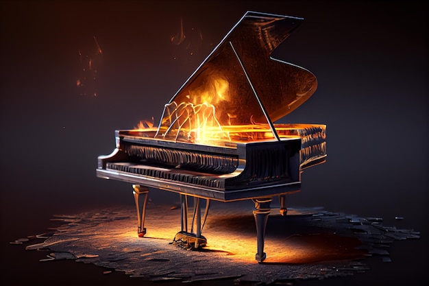 Ночное выступление на фортепиано рядом с пламенем, генерирующим искусственный интеллект