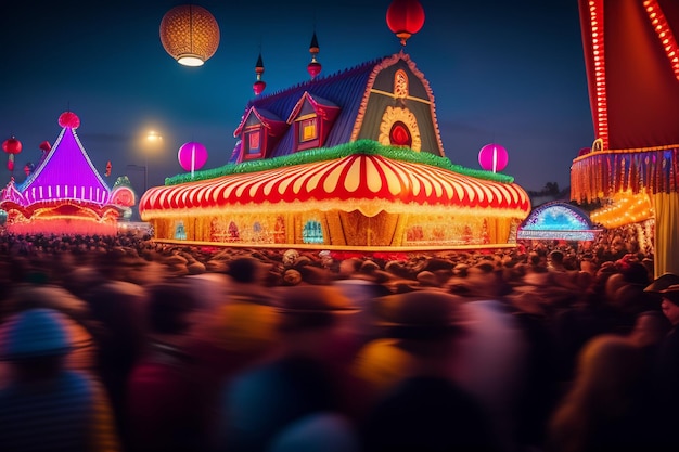 A night scene of a carnival with a crowd of people in front of it.