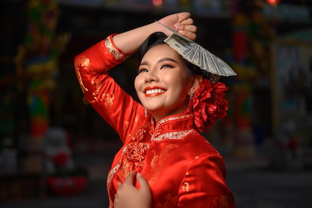 夜のシーン、中国の旧正月の神社で笑顔とドル紙幣ファンとポーズをとってチャイナドレスを着て肖像画アジアの美しい女性