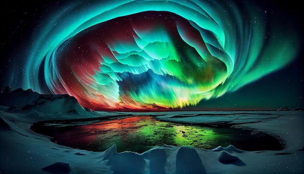 Бесплатное фото Ночное небо светится полярным сиянием над горами с помощью генеративного ии