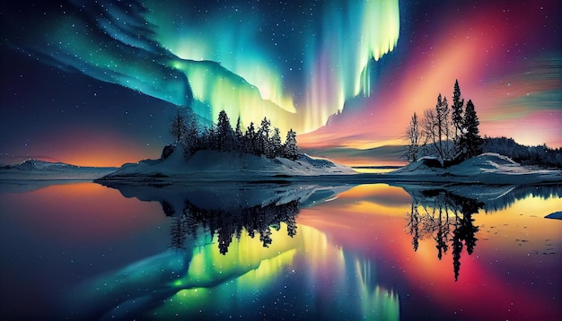 Бесплатное фото Ночное небо освещает величественный зимний пейзаж и горы, генерируемый искусственным интеллектом