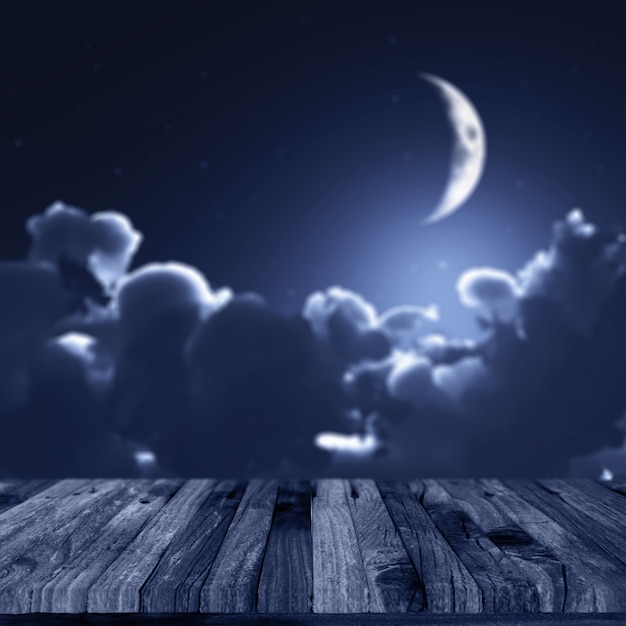 3D визуализации фона Хэллоуин с деревянным настилом против расфокусированного ночного неба