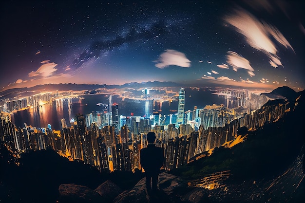 Night skyline of modern city illuminated and futuristic generative AI