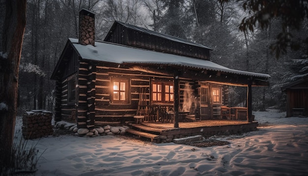 Nevicata notturna su vecchio casolare nei boschi generata dall'ia