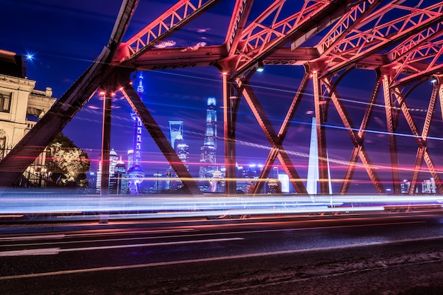 Night traffic lights inside of the Garden Bridge of shanghai china.