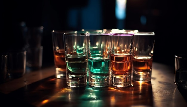 Foto gratuita celebrazione in un nightclub con cocktail colorati whisky e rinfrescanti shot di tequila generati da intelligenza artificiale