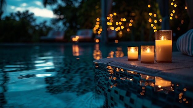 Free photo a nighttime pool soiree with illuminated floating candles creating a magical atmosphere
