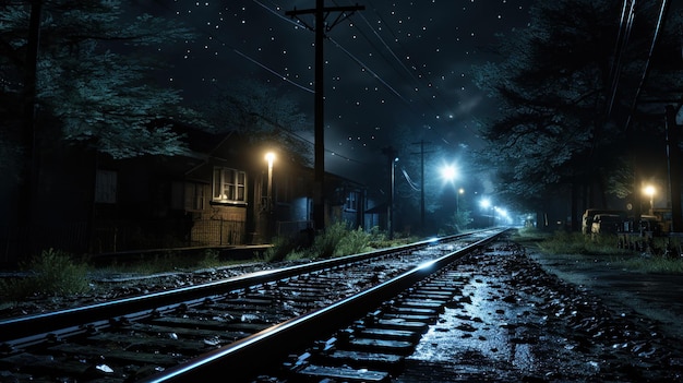 A nighttime train journey tracks aglow with light streaks