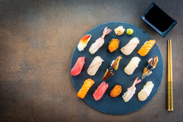 Nigiri sushi set with salmon tuna shrimp prawn eel shell 